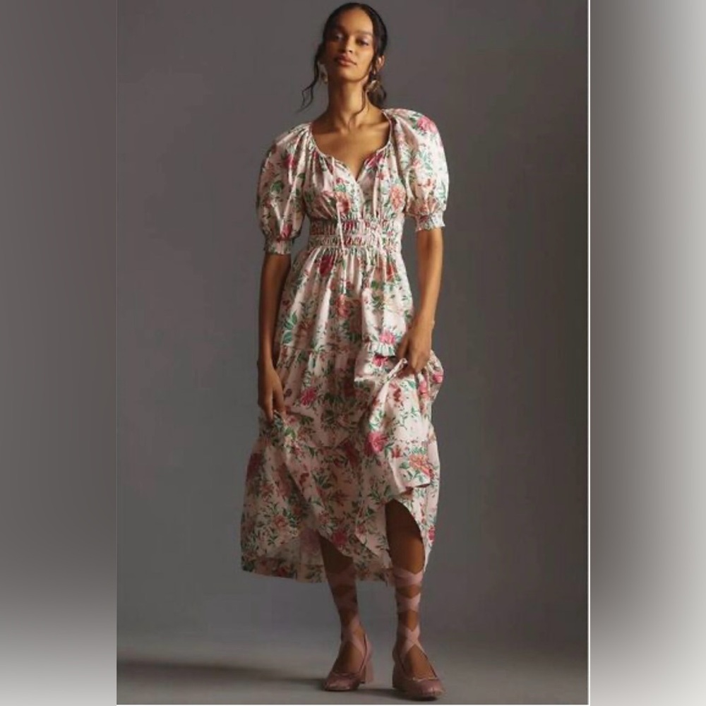Anthropologie Pink and Green Floral Midi Dress
